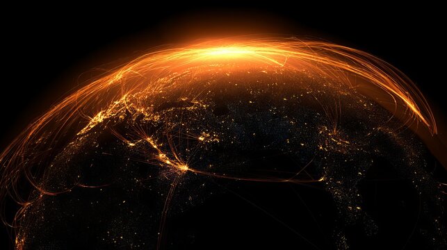 Stunning global connections with vibrant orange light trails showcasing worldwide networks and data flow, perfect for illustrating technology and business concepts