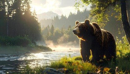 川辺に佇む野生の熊 Wild Bear Standing by the river（Generative AI）