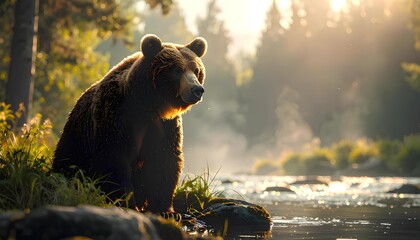 川辺に佇む野生の熊 Wild Bear Standing by the river（Generative AI）