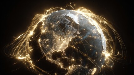 Stunning global network visualization showcasing international connections and data flow, a modern representation of worldwide technology advancement