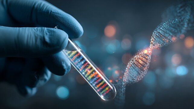 Exciting DNA research shown in vibrant test tube with gloved hand studying genetic code for medical advancements and scientific discovery now