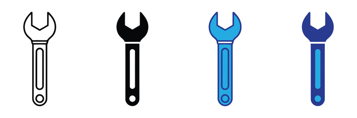 Collection of four different wrench icons, including outline, solid black, blue, and dark blue variants, isolated on white background.