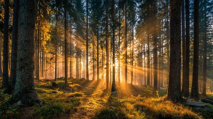 Stunning sun rays filter through tall trees in vibrant forest, creating magical peaceful atmosphere ideal for meditation retreat or outdoor adventure promotion