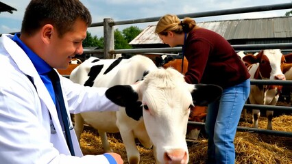 Veterinarian Checking Cow's Health on Farm with Female Assistant