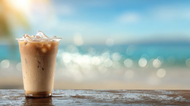 Iced Coffee Refreshment on a Bright Summer Day by the Beach With a Glossy Table Surface