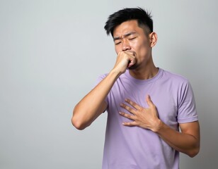 Young Asian man coughs into fist, holding chest. Unwell person shows sickness symptom. Studio portrait, plain background. Health issue, respiratory problem, illness, pain.