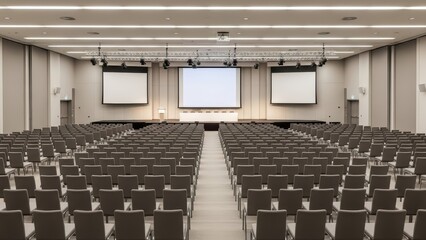 Empty conference room with rows of chairs and large projection screens