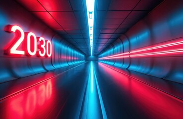 Fototapeta premium Futuristic tunnel with red neon 2030 sign on wall. Light trails show high speed motion in glowing blue corridor. Future tech progress, innovation, digital journey concept. Modern transport