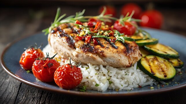 Juicy grilled chicken breast with rice and roasted tomatoes on a rustic plate is perfect for healthy eating promotions and culinary designs - Powered by Adobe