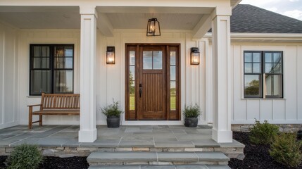 Obraz premium Beautiful entrance featuring a wooden door stone steps and a cozy bench surrounded by greenery.