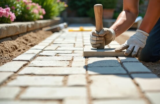 Worker places paving stones with mallet on sand base. Builder creates garden pathway, laying concrete blocks manually. Person crafts stone walkway in home courtyard, using protective gloves.