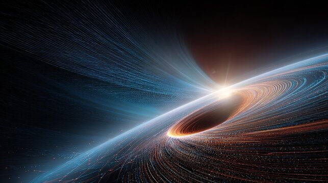 Digital illustration of a black hole with swirling light and cosmic dust.