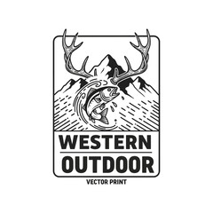 Western Outdoor Adventure Emblem Featuring Fish, Antlers, and Mountain.