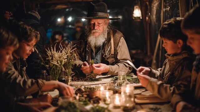 Survivalist Teaching First Aid and Herbs at Candlelit Table