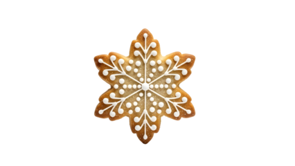 Gingerbread snowflake cookie with white icing on white background