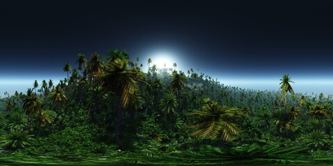 Jungle in the mountains in the morning, HDRI, environment map , Round panorama, spherical panorama, equidistant projection, panorama 360, 3d rendering