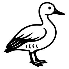 Minimalist line drawing of a standing duck in profile with webbed feet and a short bill, clean black outline on white&mdash;ideal for stickers, kids&rsquo; materials, and nature-themed design.