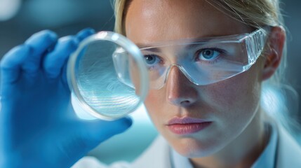 Focused scientist analyzes a petri dish in a bright innovative lab setting with high tech equipment.