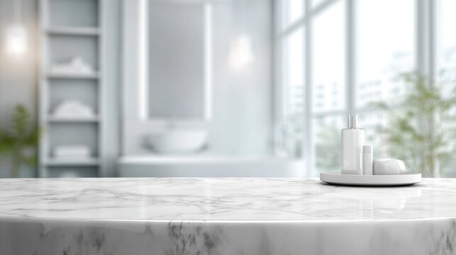 A calming bathroom features a sleek marble countertop with neatly arranged skincare items in soft light.