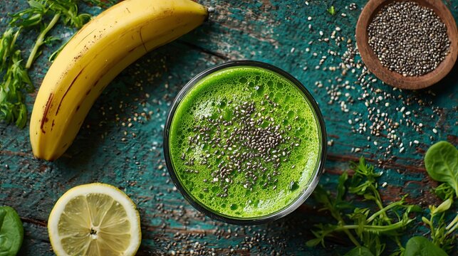 Vibrant green smoothie with chia seeds, lemon, and banana for a healthy and delicious breakfast or snack on rustic wood surface