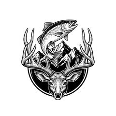 Deer head with antlers and fish above mountain range illustration.