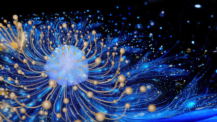 Naklejka premium Dream-like blue alien flower on black background