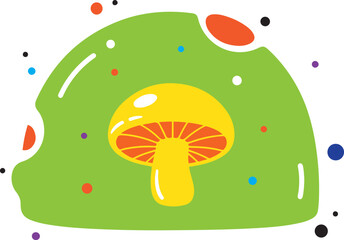 Bright yellow mushroom with orange gills on a green blob surrounded by colorful dots and shapes vector
