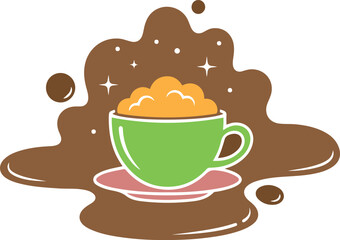 Green coffee cup with frothy orange topping and brown liquid splash with white dots and stars green cup