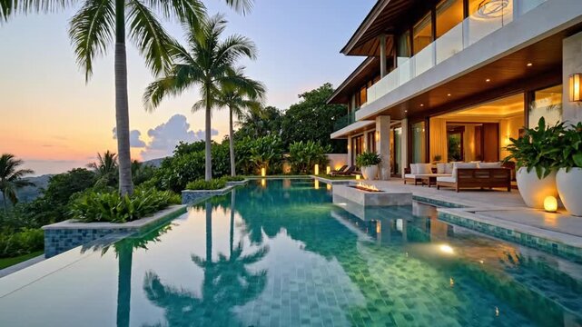 Luxury Tropical Villa with Infinity Pool at Sunset.