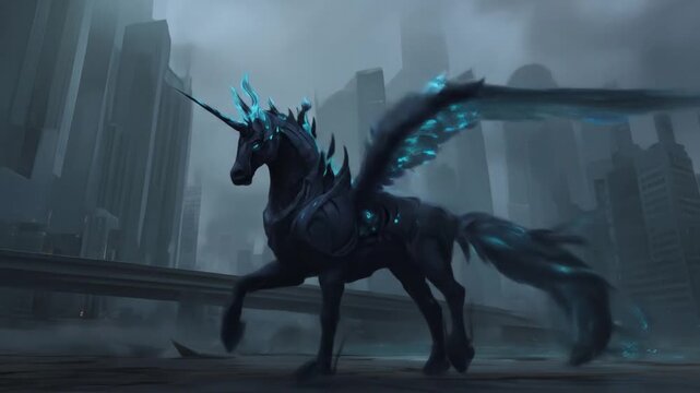 Dark winged unicorn with glowing blue crystals walking through a dystopian fantasy city. Mythical creature digital art illustration.