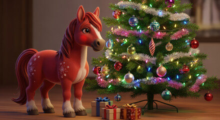 Cute 3D cartoon horse beside decorated Christmas tree indoors