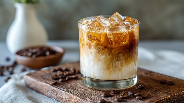 Refreshing iced coffee drink with milk swirls and coffee beans on rustic wooden board, perfect for summer refreshment or cafe menu promotions