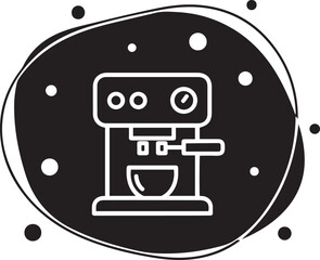 White outline of a coffee machine with a cup and scattered dots on a black background espresso machine