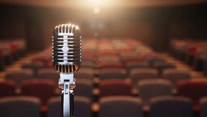 Vintage microphone on stage in empty theater with soft lighting