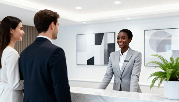 Friendly Black receptionist welcoming a couple at a hotel check-in desk. Professional customer service and hospitality concept in a modern business lobby