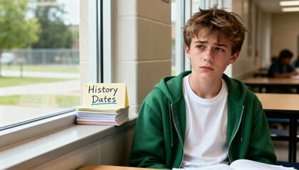 Sad teenage boy struggling to study for a history test in a classroom. Stressed student looking out a window with flashcards on his desk. Academic pressure and learning difficulties concept