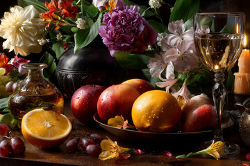 A photorealistic still life of fruits and flowers in the style of the Dutch masters. © Oleg Zhukov