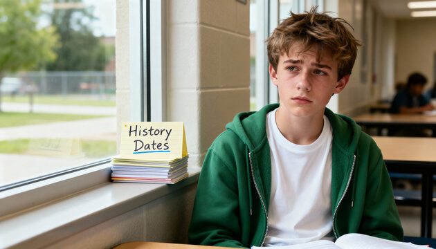 Sad teenage boy struggling to study for a history test in a classroom. Stressed student looking out a window with flashcards on his desk. Academic pressure and learning difficulties concept