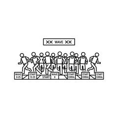 Runners forming up at the start corral in waves for a mass participation race, competition event, line art icon vector.