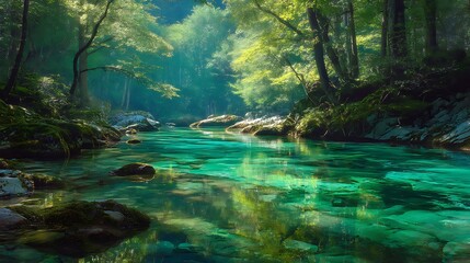 A river made of crystal-clear liquid light flowing through an emerald forest, surreal reflections, ultra-detailed cinematic landscape, 