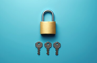 Golden padlock with three metal keys rests on blue background. Selecting right key for lock symbolizes choice, solution, or access. Decision making metaphor.
