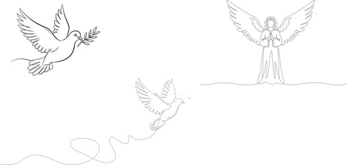 Dove with olive branch and angel sketch illustration on white background