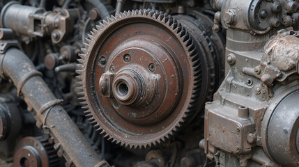 Close-up view of an intermediate shaft pulley and belt in a diesel engine, showcasing worn teeth and a robust pulley design, essential for power transmission in heavy machinery.