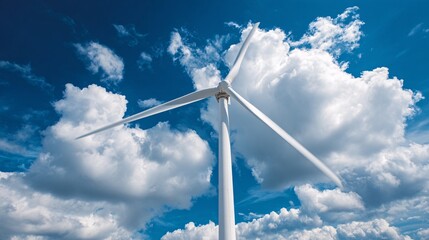 Wind turbine against a blue sky with fluffy white clouds.