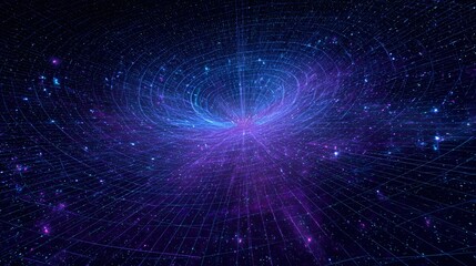 Fototapeta premium Abstract cosmic background with swirling blue and purple light on a grid.