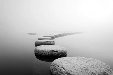 Black and white image of rugged stepping stones disappearing into dense white fog above dark, calm water.