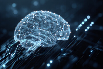 Glowing digital brain structure connected by network lines and points, illustrating abstract concepts of AI, technology, and neuroscience.