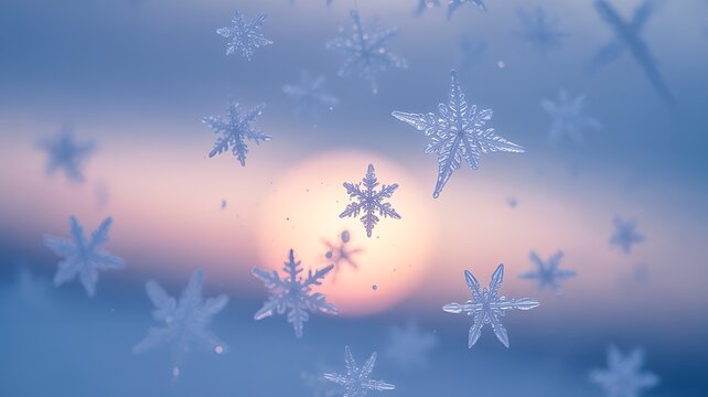 Captured in a serene moment, snowflakes dance gracefully in the winter air, with a soft sunrise or sunset backdrop. 