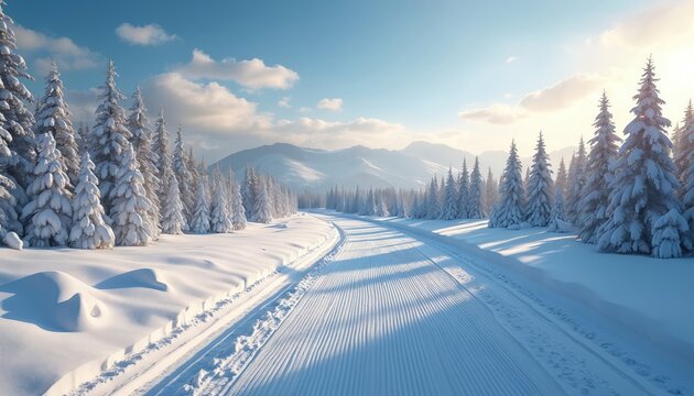 Bright winter mountain landscape shows groomed snow path through evergreen forest. Fresh white snow covers ground, branches. Distant mountain peaks under clear blue sky. Sun casts long shadows across