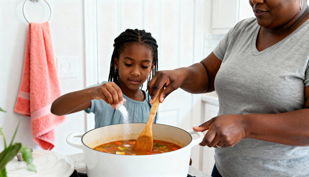 African American mother and daughter cooking soup together in a modern kitchen. A young girl adds salt to a pot while her mom stirs. Family bonding and learning to cook at home - Powered by Adobe